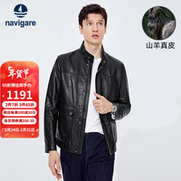 Navigare意大利小帆船真皮皮衣男士秋季羊皮大衣立领时尚机车服 暗夜黑 M/48