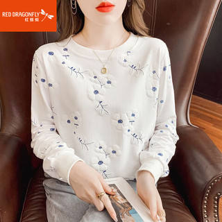 红蜻蜓 RED DRAGONFLY白色纯棉加绒长袖t恤女春秋2023长袖女上衣内搭打底衫女士 白色 L