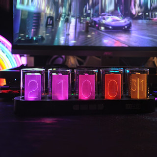  三每 RGB拟辉光管 LED彩色台钟  木纹色 RGB