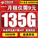 中国联通 大王卡 2-3个月9元月租（135G全国通用流量+100分钟通话）激活送20元E卡