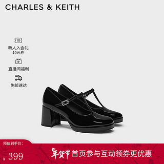 CHARLES&KEITH24春复古漆皮玛丽珍鞋粗跟高跟鞋子女鞋CK1-61720183 Black Box黑色 34