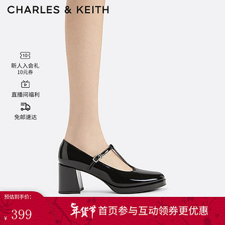 CHARLES&KEITH24春复古漆皮玛丽珍鞋粗跟高跟鞋子女鞋CK1-61720183 Black Box黑色 34