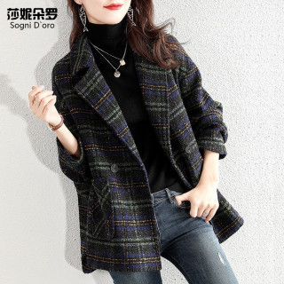 莎妮朵罗大码女装外套女200斤秋款韩版遮肚宽松格子毛呢大衣女西装潮