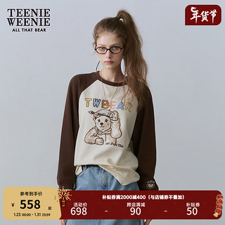 Teenie Weenie小熊2024年撞色插肩袖长袖T恤打底衫宽松时髦上衣女 棕色 155/XS