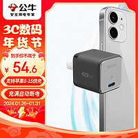 公牛（BULL）氮化镓苹果PD20W充电器 充满自动断电 适用iPhone15/14/13/12proMax/mini手机/iPadPro 卵石灰 【20W氮化镓】多协议快充 卵石灰