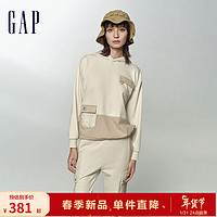 Gap女装2024春季新款LOGO拼接口袋抽绳连帽卫衣套头上衣874509 米色 1