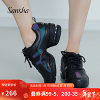 Sansha法国三沙现代舞鞋女爵士舞气垫软底中跟透气皮面广场舞跳舞鞋 黑/深灰 36