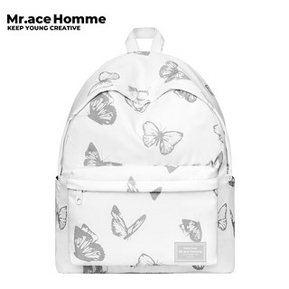 Mr.ace Hommemrace双肩包女百搭上课书包反光蝴蝶大容量休闲背包男 白色