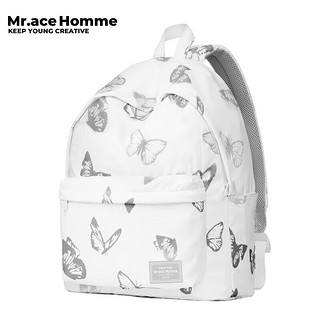 Mr.ace Hommemrace双肩包女百搭上课书包反光蝴蝶大容量休闲背包男 白色