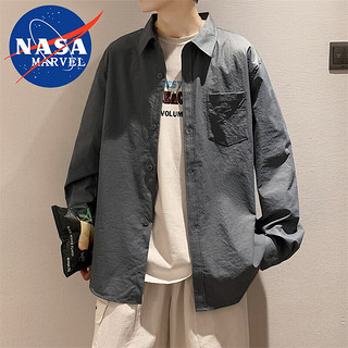 NASA MARVEL长袖衬衫男春秋季衬衣潮牌休闲百搭宽松时尚抗皱打底衫 黑色 XL  XL（140斤-160斤）