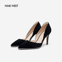 NINE WEST 玖熙 高跟鞋2023春季新款羊反绒水钻尖头细跟通勤单鞋女