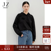 玖姿·安娜蔻休闲风日常宽松手工钉珠花朵长袖卫衣女2024春季 素黑 S