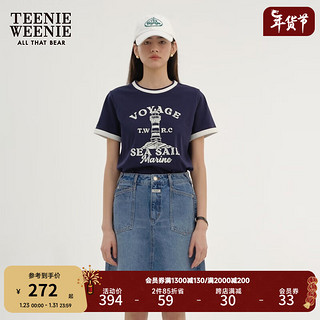 Teenie Weenie小熊2024年撞色圆领短袖T恤美式复古港风打底衫女士 藏青色 170/L