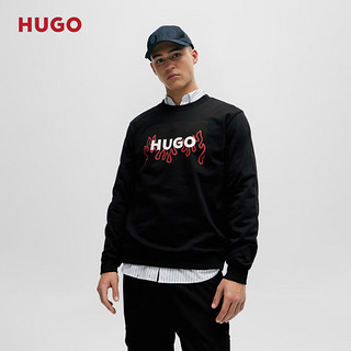 HUGO男士2024早春火焰徽标装饰棉质毛圈布卫衣 001-黑色 EU:XXL