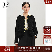 玖姿·安娜蔻优雅千金华贵丝绒宽松圆领棉服休闲外套女2024春季 素黑 S