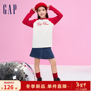 Gap女童冬季2023LOGO纯棉宽松长袖T恤889740儿童装休闲上衣 红白拼接 160cm(XL)亚洲尺码