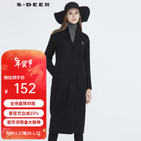 S.DEER女装时尚立领字母贴布直筒黑色长款毛呢大衣S194A1801 黑色/91 S/160