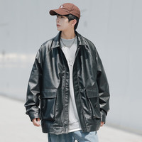 Foss Phil皮衣外套男士春秋款冬季宽松休闲工装夹克机车服JN810黑色