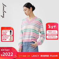 朗姿2024春季彩色条纹减龄薄毛衣女宽松套头羊毛针织衫 亮粉色2 2XL