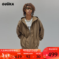 GUUKALAB废土风镂空连帽开衫卫衣男 青少年复古个性水洗帽衫休闲宽松 卡其 L