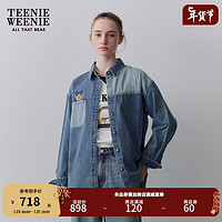 Teenie Weenie小熊女装2024时髦拼接牛仔衬衫宽松休闲上衣衬衣 中蓝色 155/XS