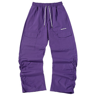 闪电潮牌（GENANX）2024春季抽绳褶皱设计紫色宽松直筒休闲垂感长裤男 紫色