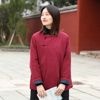 乱在江南复古民族风棉服女冬季文艺简约盘扣夹棉保暖短外套 酒红色 均码