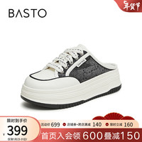 BASTO 百思图 2024夏季时尚休闲小白拖厚底女拖鞋VWJ13BH4 黑/白 34