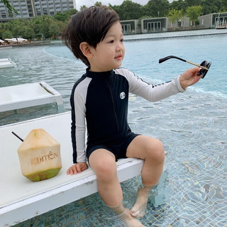 贞喜气儿童泳衣男童泡温泉连体长袖防晒速干帅气可爱中小童游泳衣泳帽 熊猫泳衣带泳帽 XL码 适合110-125CM