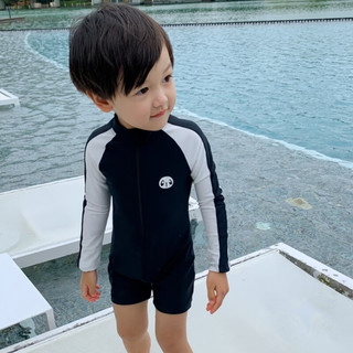 贞喜气儿童泳衣男童泡温泉连体长袖防晒速干帅气可爱中小童游泳衣泳帽 熊猫泳衣带泳帽 XL码 适合110-125CM