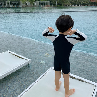 贞喜气儿童泳衣男童泡温泉连体长袖防晒速干帅气可爱中小童游泳衣泳帽 熊猫泳衣带泳帽 XL码 适合110-125CM