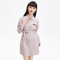 秋季女装职场风条纹翻领泡泡长袖短衬衫裙连衣裙