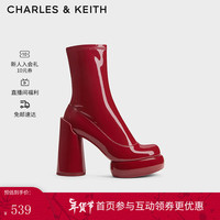 CHARLES&KEITH23冬季漆皮防水台粗高跟弹力瘦瘦靴女CK1-90360397 Red红色 36