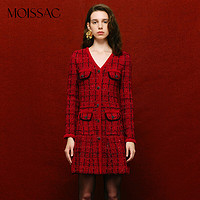 MOISSAC摩萨克2023冬法式小香风珠片粗花呢修身针织连衣裙女 格大红 M