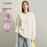 AMII2024春学院风圆领落肩长袖花刺绣钉珠弹力空气层卫衣女 米杏 155/80A/S