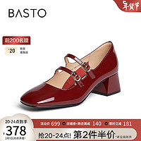 BASTO 百思图 2024春季时尚复古法式玛丽珍鞋粗跟女单鞋KA713AQ4 酒红 34