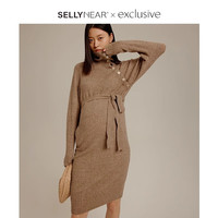Sellynear装秋冬款高领羊绒连衣裙保暖中长款针织裙显瘦宽松孕妈裙子 花驼色 S