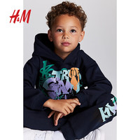 H&M童装男童套装2件式冬季印花连帽卫衣慢跑裤1209071 海军蓝/True gamer 110/56