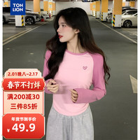唐狮 TONLION新款女圆领拼接左胸爱心短款长袖T恤WP 树莓红