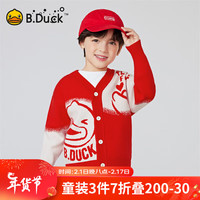 B.Duck小黄鸭童装男童开衫毛衣春季2024新款儿童红色针织衫外套潮 中国红 1
