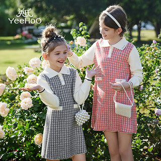 英氏（YEEHOO）女童连衣裙儿童裙子女孩小香风长裙中大童装假两件春装 大红 140