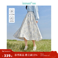 茵曼（INMAN）晕染印花亚麻半身裙2024春季女装新款松紧腰宽松遮胯显瘦裙子 白底蓝花