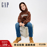 Gap女童2023冬LOGO加绒套头连帽衫837121保暖运动风 棕色 130cm(S)