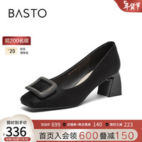 BASTO 百思图 2024春季时尚简约金属扣粗跟方头浅口女单鞋WA720AQ4 黑色 34