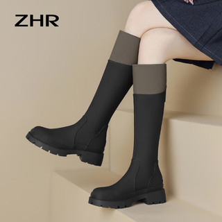ZHR拼色长靴女冬季加绒保暖骑士靴小个子厚底增高显瘦靴子女 黑色加绒 40
