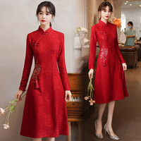 家隆名秀改良旗袍裙秋气质高端国风长袖连衣裙红色敬酒服 红色 L