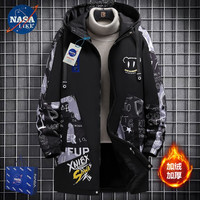 NASALIKE潮牌中长款风衣男春秋冬季连帽外套男宽松加绒外套男大码风衣 N89黑色加绒(秋冬款) 2XL(173-180cm 140-160斤)