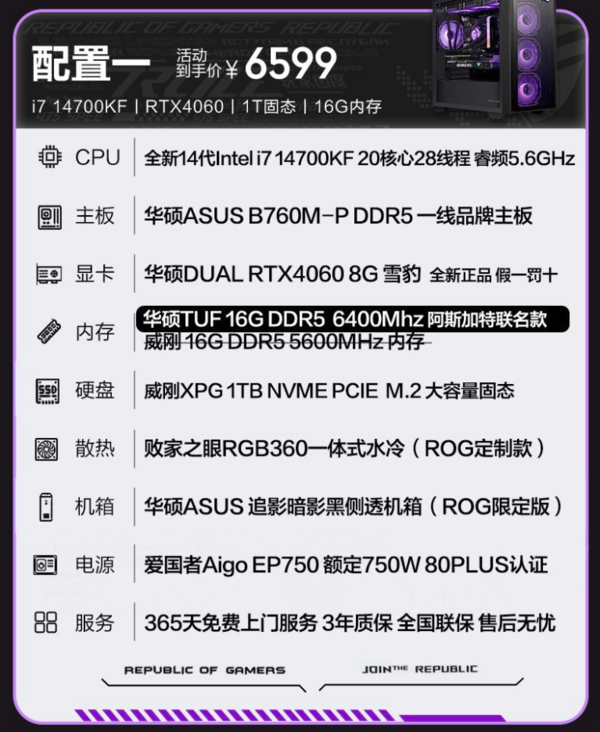 ASUS 华硕 DIY台式主机（i7-14700KF、16GB D5、1TB、RTX4060 8GB）