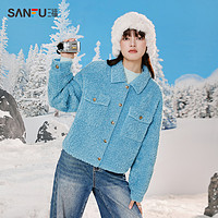 SANFU 三福 厚外套女冬季简约翻领短款羊羔毛宽松洋气上衣女装