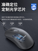 PHILIPS 飞利浦 静音有线鼠标台式电脑家用无声USB笔记本通用游戏办公专用